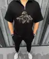 Erkek Yarım Fermuarlı Baskılı Oversize T-Shirt - Siyah