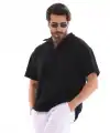 Erkek Yarım Fermuarlı Düz Oversize T-shirt - Siyah