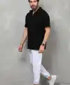 Erkek Yarım Fermuarlı Düz Oversize T-shirt - Siyah