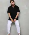 Erkek Yarım Fermuarlı Düz Oversize T-shirt - Siyah