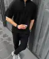 Erkek Yarım Fermuarlı Kısa kol T-Shirt - Siyah