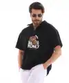 Erkek Yarım Fermuarlı Oversize Baskılı T-Shirt - Siyah