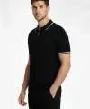 Erkek Yazlık Dokuma Triko Tişört Fermuarlı Polo Yaka Kısa Kol T-Shirt - Siyah