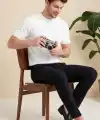 Erkek Yazlık Fitilli Triko Tişört Kısa Kol Bisiklet Yaka T-Shirt - Beyaz