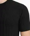 Erkek Yazlık Fitilli Triko Tişört Kısa Kol Bisiklet Yaka T-Shirt - Siyah