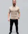 Erkek Yazlık Triko Dokuma Tişört Kısa Kol Polo Yaka T-Shirt - Bej