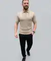 Erkek Yazlık Triko Dokuma Tişört Kısa Kol Polo Yaka T-Shirt - Bej
