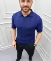 Erkek Yazlık Triko Dokuma Tişört Kısa Kol Polo Yaka T-Shirt - Lacivert