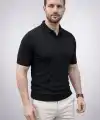 Erkek Yazlık Triko Dokuma Tişört Kısa Kol Polo Yaka T-Shirt - Siyah