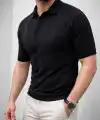 Erkek Yazlık Triko Dokuma Tişört Kısa Kol Polo Yaka T-Shirt - Siyah