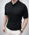 Erkek Yazlık Triko Dokuma Tişört Kısa Kol Polo Yaka T-Shirt - Siyah