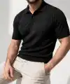 Erkek Yazlık Triko Dokuma Tişört Kısa Kol Polo Yaka T-Shirt - Siyah