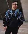 Erkek Yıldırım Baslılı Bisiklet Yaka 3 iplik pamuklu Sweatshirt - Siyah