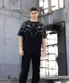 Erkek Yıldırım şimşek Baskılı T-Shirt Kısa Kol Bisiklet Yaka Tişört - Siyah