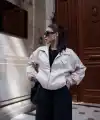 Fermuarlı Gömlek Yaka Bomber Ceket - Beyaz