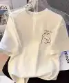 [Günlük T-Shirt] Hafif Kadın Günlük T-Shirt | Bol Kesim, Kısa Kollu, Yuvarlak Yaka, Eğlenceli Karikatür Ayı ve Umrumda Değil Baskı - Günlük Stil, İlkbahar/Yaz- Beyaz