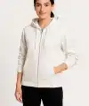 Kadın 3 İplik Kapüşonlu Tam Fermuarlı Kanguru Cepli Sweatshirt Hoodie - Beyaz