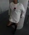 Kadın 3 iplik Pamuklu Bisiklet Yaka GÜL Baskılı SweatShirt - BeyazBeyaz