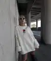 Kadın 3 iplik Pamuklu Bisiklet Yaka GÜL Baskılı SweatShirt - BeyazBeyaz