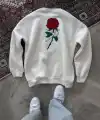 Kadın 3 iplik Pamuklu Bisiklet Yaka GÜL Baskılı SweatShirt - BeyazBeyaz