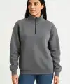 Kadın 3 İplik Pamuklu Dık Yaka Yarım Fermuarlı SweatShirt - Antrasit