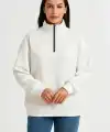 Kadın 3 İplik Pamuklu Dık Yaka Yarım Fermuarlı SweatShirt - Beyaz