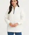 Kadın 3 İplik Pamuklu Dık Yaka Yarım Fermuarlı SweatShirt - Beyaz