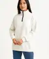 Kadın 3 İplik Pamuklu Dık Yaka Yarım Fermuarlı SweatShirt - Beyaz