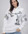 Kadın 3 İplik Pamuklu Kapüşonlu Baskılı SweatShirt hoodie - Beyaz