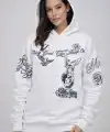 Kadın 3 İplik Pamuklu Kapüşonlu Baskılı SweatShirt hoodie - Beyaz
