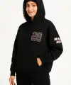 Kadın 3 İplik Pamuklu Kapüşonlu Kanguru Cepli Baskılı Hoodie Sweatshirt - Siyah