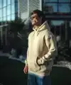 Kadın 3 İplik Pamuklu Kapüşonlu Kanguru Cepli Oversize Hoodie Sweatshirt - Bej