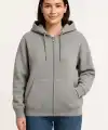 Kadın 3 İplik Pamuklu Kapüşonlu Tam Fermuarlı Kanguru Cepli Sweatshirt Hoodie - Gri