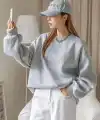 Kadın 3 İplik Pamuklu Oversize Yarım Fermuarlı Yakalı Basic Sweatshirt - Gri