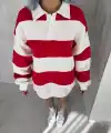 Kadın 3 İplik Pamuklu Parçalı Yakalı SweatShirt - Kırmızı
