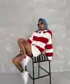 Kadın 3 İplik Pamuklu Parçalı Yakalı SweatShirt - Kırmızı