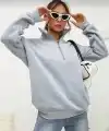 Kadın 3 iplik Pamuklu Uzun Kol Yarım Farmuarlı Yakalı  SweatShirt - Gri