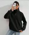 Kadın 3 iplik Pamuklu Uzun Kol Yarım Farmuarlı Yakalı SweatShirt - Siyah
