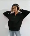 Kadın 3 iplik Pamuklu Uzun Kol Yarım Farmuarlı Yakalı SweatShirt - Siyah