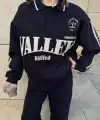 Kadın 3 İplik Pamuklu Yakalı Sweat Baggy Pantolonlu Alt-Üst Takım - Siyah