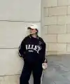 Kadın 3 İplik Pamuklu Yakalı Sweat Baggy Pantolonlu Alt-Üst Takım - Siyah