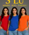 Kadın 3’lü Kısa Kollu Bisiklet Yaka Basic Slim Fit T-Shirt - Kırmızı - Mavi - Turuncu