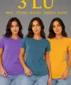Kadın 3’lü Kısa Kollu Bisiklet Yaka Basic Slim Fit T-Shirt - Mor - Petrol Mavisi - Hardal