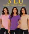 Kadın 3’lü Kısa Kollu Bisiklet Yaka Basic Slim Fit T-Shirt - Pudra Pembe - Mor - Bej