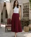 Kadın 90 Cm Saten Kumaş Pliseli Midi Etek Şık ve Zarif Tasarım - Bordo