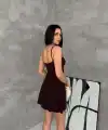 Kadın Askılı Şifon Mini Elbise Drapeli Bel Vücuda Oturan Yazlık Şık - Kahverengi