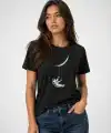 Kadın Astronot Ay Temalı Tişört Kısa Kol Yazlık Bisiklet Yaka T-Shirt - Siyah