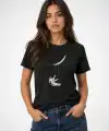 Kadın Astronot Ay Temalı Tişört Kısa Kol Yazlık Bisiklet Yaka T-Shirt - Siyah