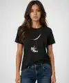 Kadın Astronot Ay Temalı Tişört Kısa Kol Yazlık Bisiklet Yaka T-Shirt - Siyah