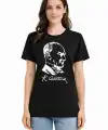 Kadın Atatürk Baskılı Tişört Kısa Kollu Bisiklet Yaka T-Shirt - Siyah